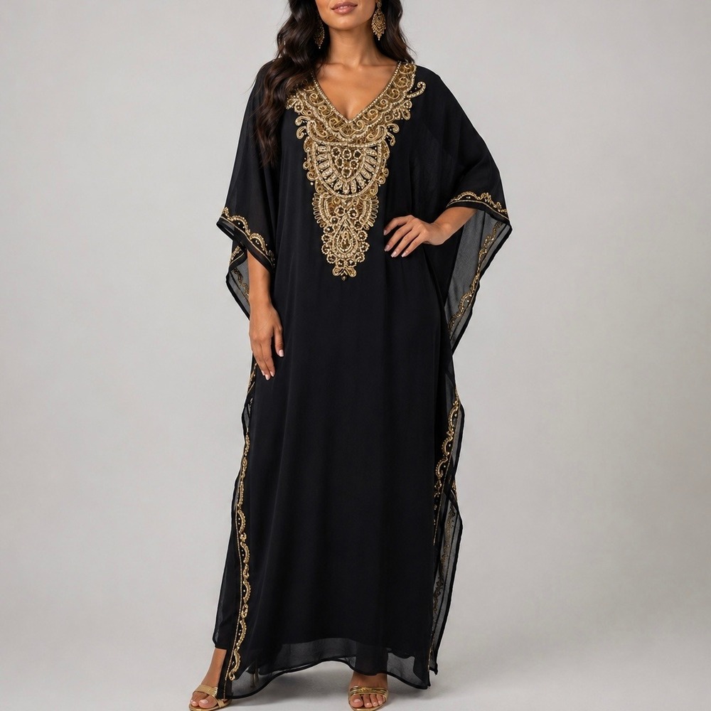 Black Gold Beaded Kaftan Maxi Dress M Embroidered Chiffon Abaya Gown